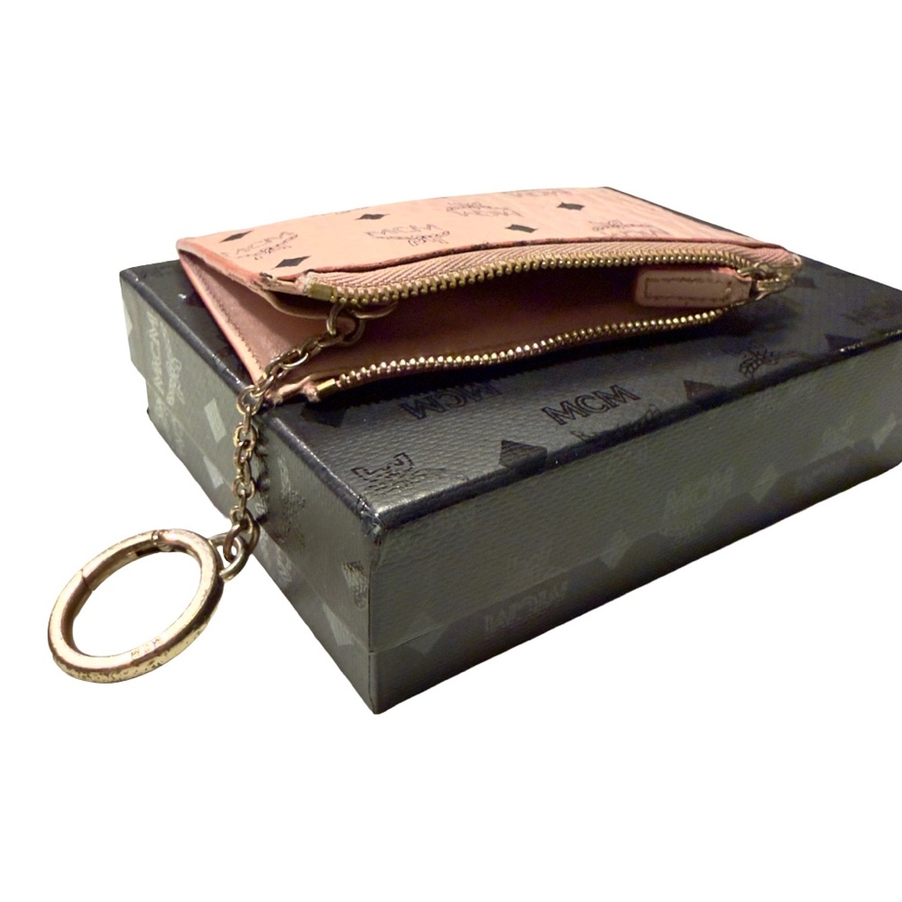 MCM Visetos Monogram Logo Zip Card Case Gold Keychain Wallet Pouch – Soft Pink - Picture 6 of 8